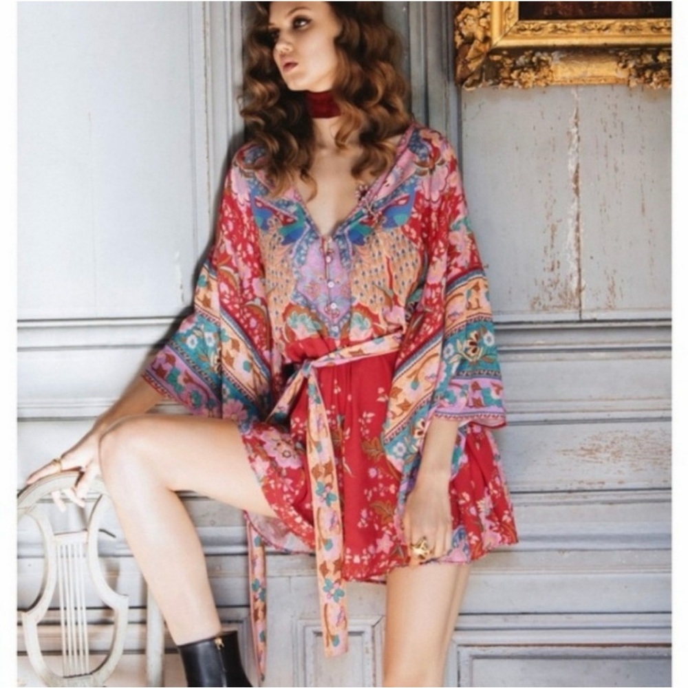 Spell Red Multicolor Floral Boho Short Jumpsuit
